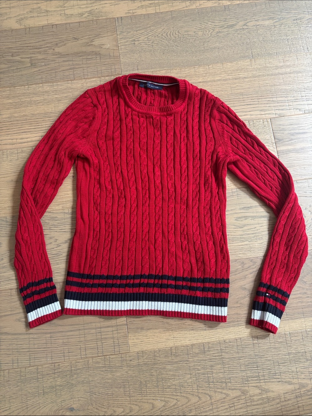 Tommy Hilfiger Red Cable-Knit Crewneck Sweater with Stripe Hem